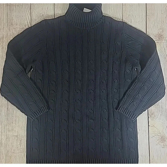 Lands' End Cable Knit Turtleneck Fishermans Sweater Jumper Women's Large Black - Picture 1 of 7